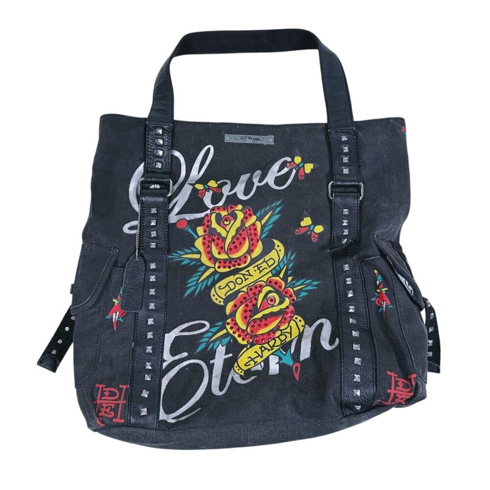 Ed Hardy Y2K Canvas Tote Bag Black Tattoo Floral Heart Studded Beaded Punk Emo